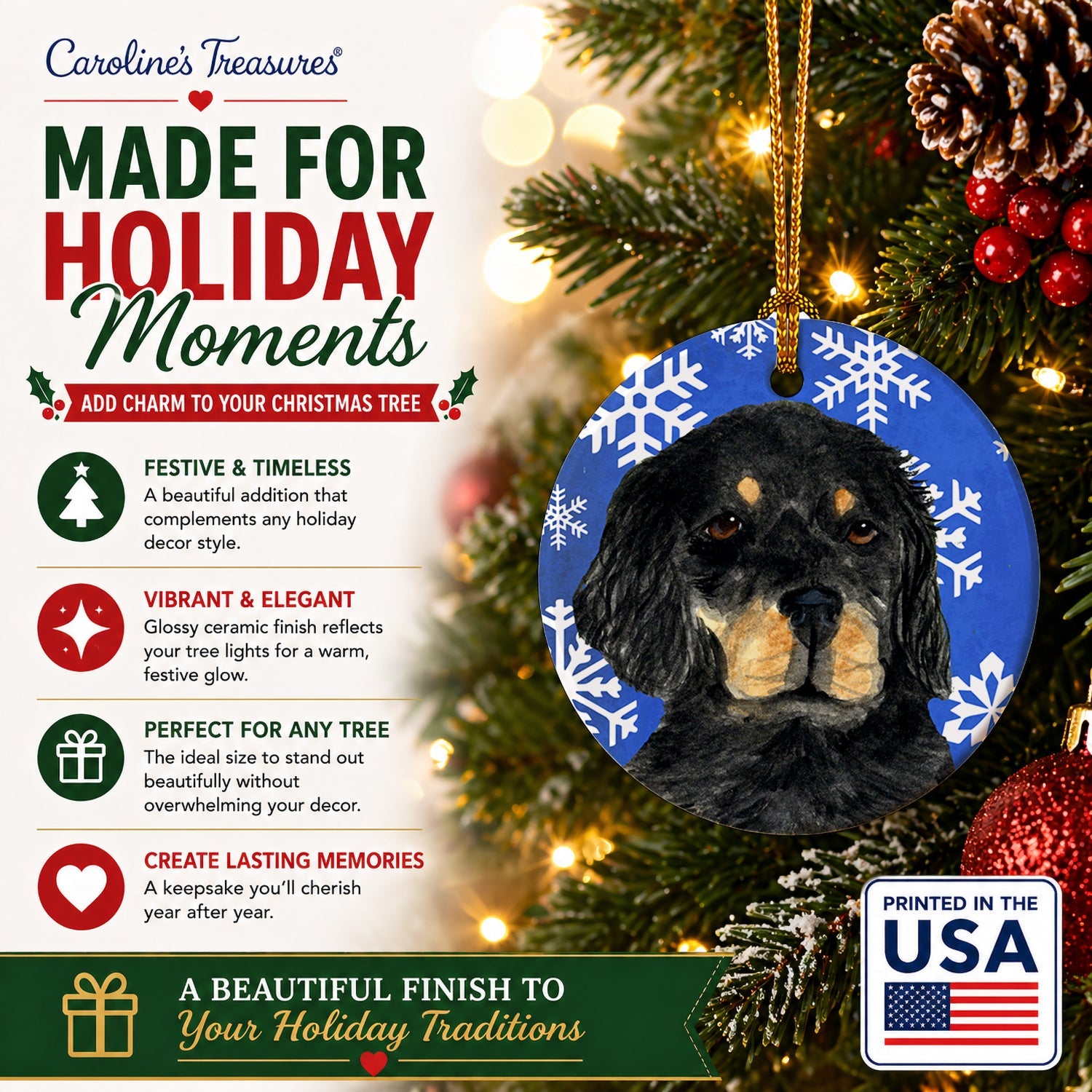 Gordon Setter Winter Snowflakes Holiday Ceramic Ornament Christmas Tree Hanging Decorations for Home Christmas Holiday, Party, Gift, 3 in, Multicolor