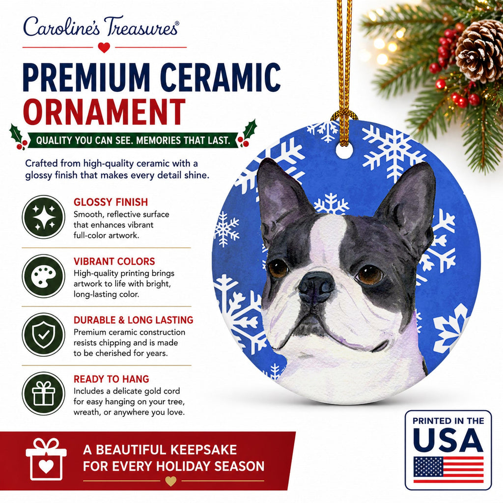 Boston Terrier Winter Snowflakes Holiday Ceramic Ornament Christmas Tree Hanging Decorations for Home Christmas Holiday, Party, Gift, 3 in, Multicolor