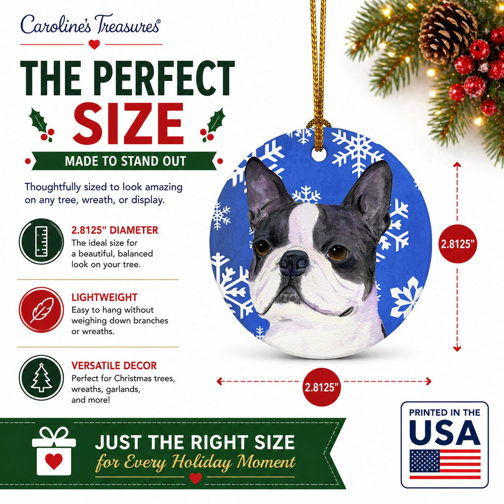 Boston Terrier Winter Snowflakes Holiday Ceramic Ornament Christmas Tree Hanging Decorations for Home Christmas Holiday, Party, Gift, 3 in, Multicolor
