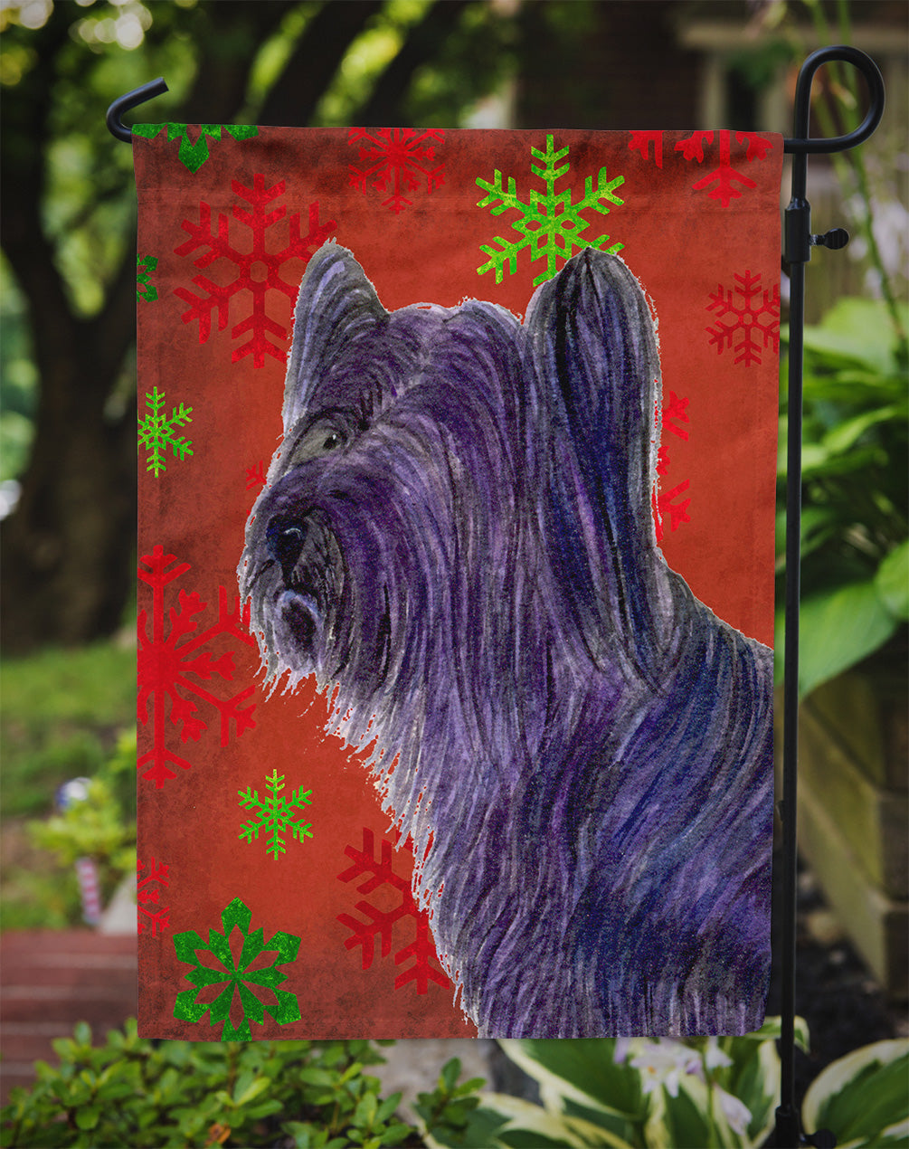 Skye Terrier Red Green Snowflake Holiday Christmas Garden Flag Mailbox Decorative Yard Banner Outside Patio Artwork for Flower Beds, Garden Size, Multicolor