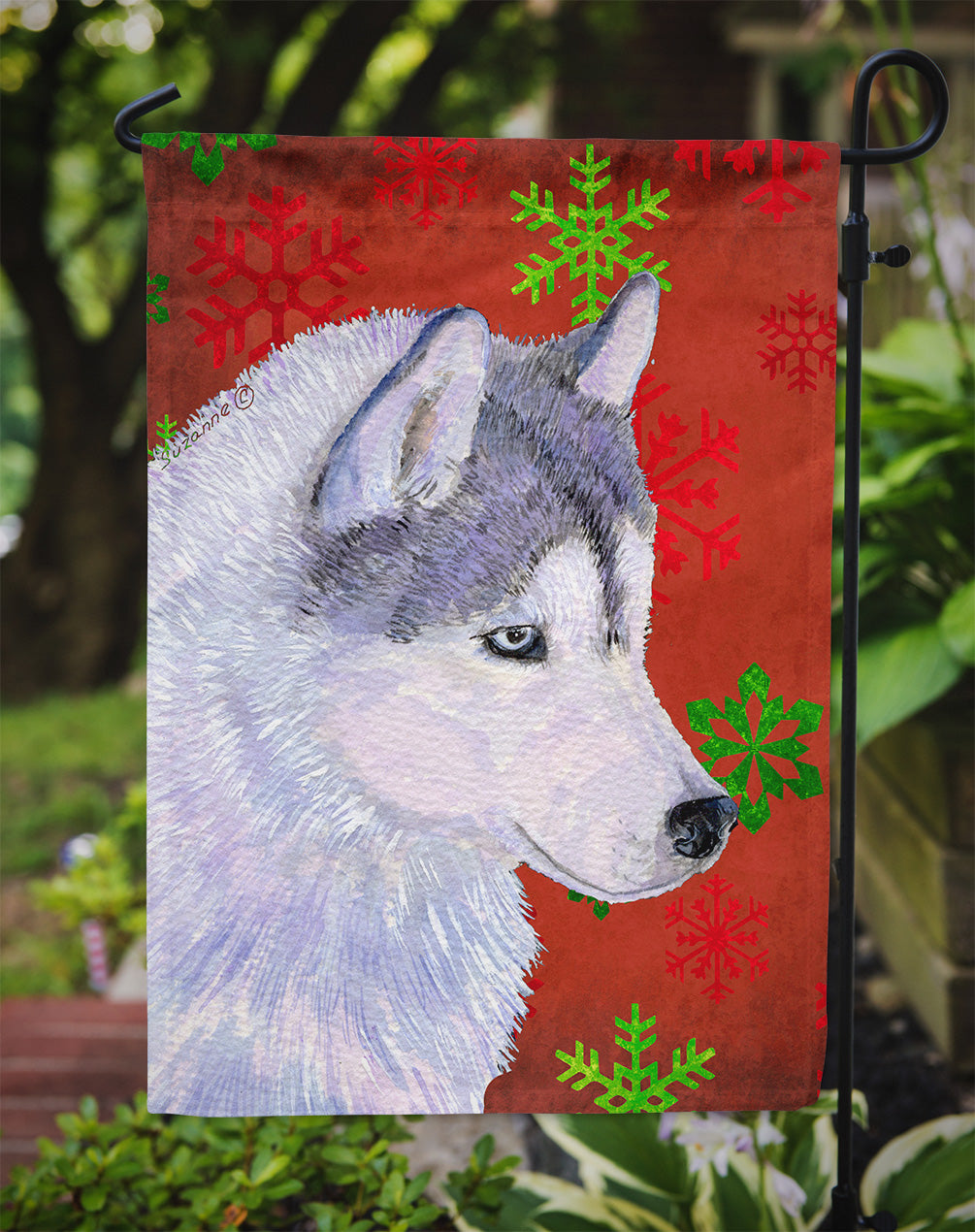 Siberian Husky Red Green Snowflake Holiday Christmas Garden Flag Mailbox Decorative Yard Banner Outside Patio Artwork for Flower Beds, Garden Size, Multicolor