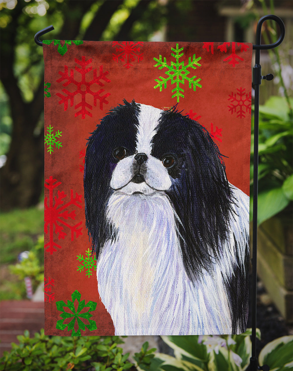 Japanese Chin Red and Green Snowflakes Holiday Christmas Garden Flag Mailbox Decorative Yard Banner Outside Patio Artwork for Flower Beds, Garden Size, Multicolor