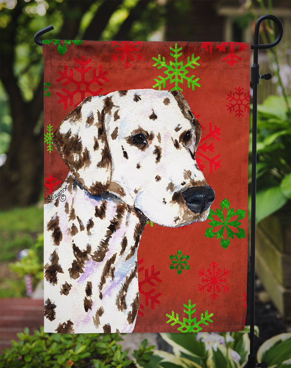Dalmatian Red and Green Snowflakes Holiday Christmas Garden Flag Mailbox Decorative Yard Banner Outside Patio Artwork for Flower Beds, Garden Size, Multicolor