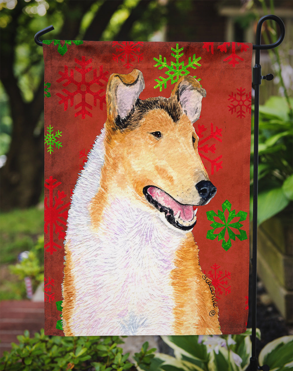 Collie Smooth Red Green Snowflakes Christmas Garden Flag Mailbox Decorative Yard Banner Outside Patio Artwork for Flower Beds, Garden Size, Multicolor