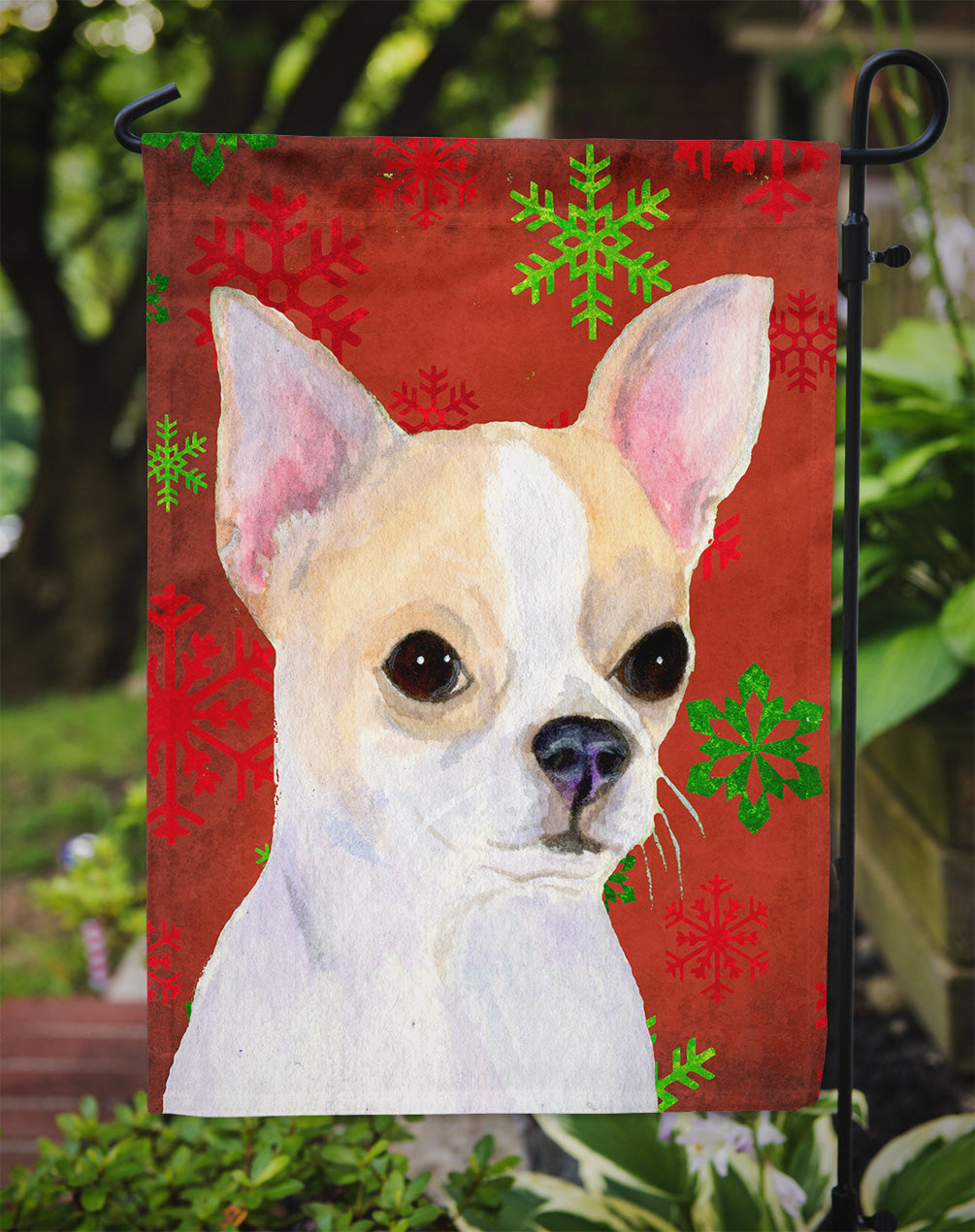 Chihuahua Red and Green Snowflakes Holiday Christmas Garden Flag Mailbox Decorative Yard Banner Outside Patio Artwork for Flower Beds, Garden Size, Multicolor