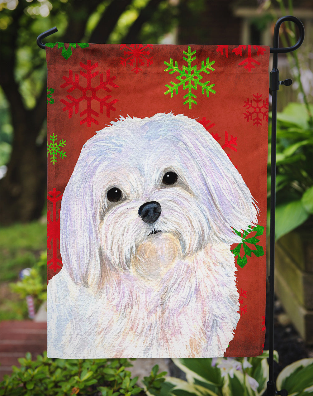Maltese Red and Green Snowflakes Holiday Christmas Garden Flag Mailbox Decorative Yard Banner Outside Patio Artwork for Flower Beds, Garden Size, Multicolor