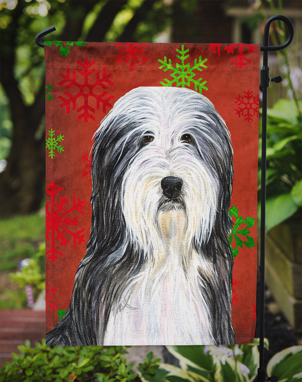 Bearded Collie Red and Green Snowflakes Holiday Christmas Garden Flag Mailbox Decorative Yard Banner Outside Patio Artwork for Flower Beds, Garden Size, Multicolor