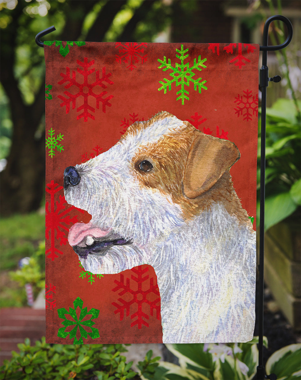 Jack Russell Terrier Red Green Snowflakes Holiday Christmas Garden Flag Mailbox Decorative Yard Banner Outside Patio Artwork for Flower Beds, Garden Size, Multicolor