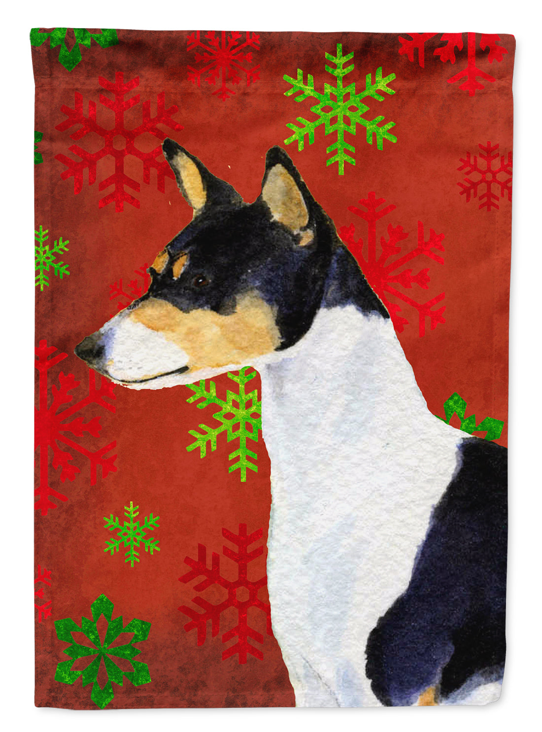 Basenji Red and Green Snowflakes Holiday Christmas Garden Flag Mailbox Decorative Yard Banner Outside Patio Artwork for Flower Beds, Garden Size, Multicolor