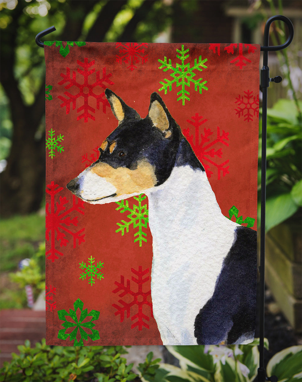 Basenji Red and Green Snowflakes Holiday Christmas Garden Flag Mailbox Decorative Yard Banner Outside Patio Artwork for Flower Beds, Garden Size, Multicolor