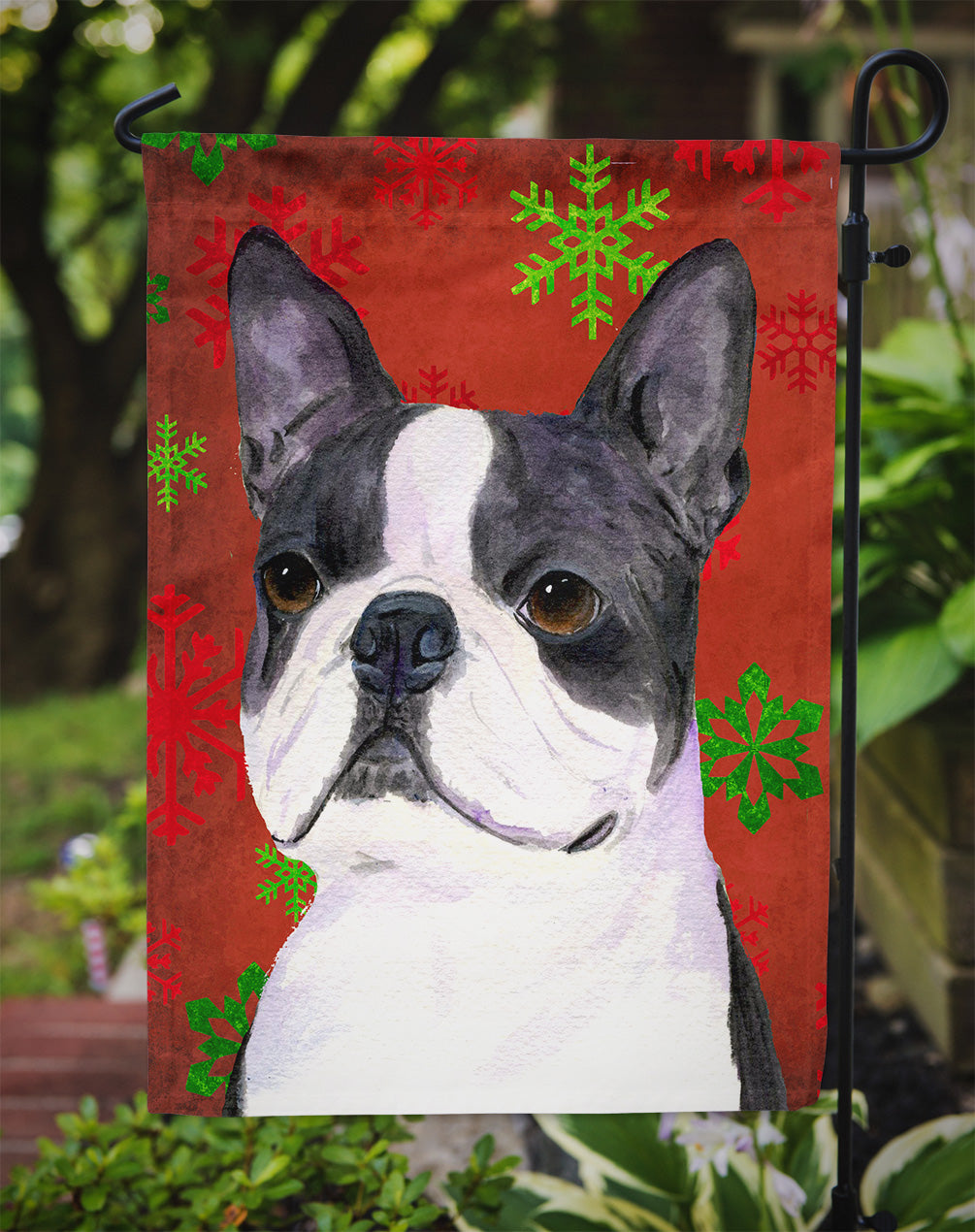 Boston Terrier Red Green Snowflakes Christmas Garden Flag Mailbox Decorative Yard Banner Outside Patio Artwork for Flower Beds, Garden Size, Multicolor