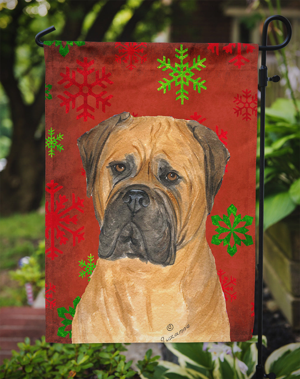 Bullmastiff Red and Green Snowflakes Holiday Christmas Garden Flag Mailbox Decorative Yard Banner Outside Patio Artwork for Flower Beds, Garden Size, Multicolor