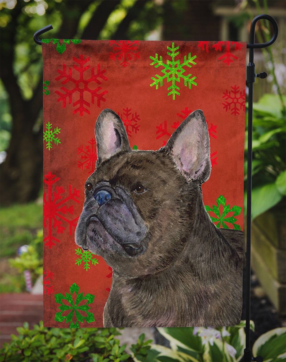 French Bulldog Red and Green Snowflakes Holiday Christmas Garden Flag Mailbox Decorative Yard Banner Outside Patio Artwork for Flower Beds, Garden Size, Multicolor