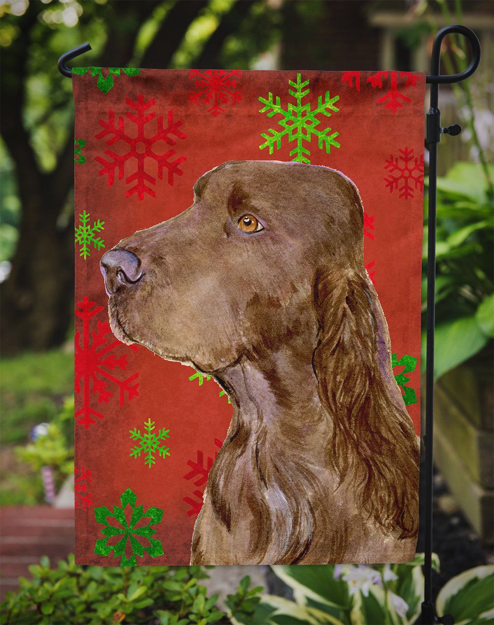 Field Spaniel Red and Green Snowflakes Holiday Christmas Garden Flag Mailbox Decorative Yard Banner Outside Patio Artwork for Flower Beds, Garden Size, Multicolor