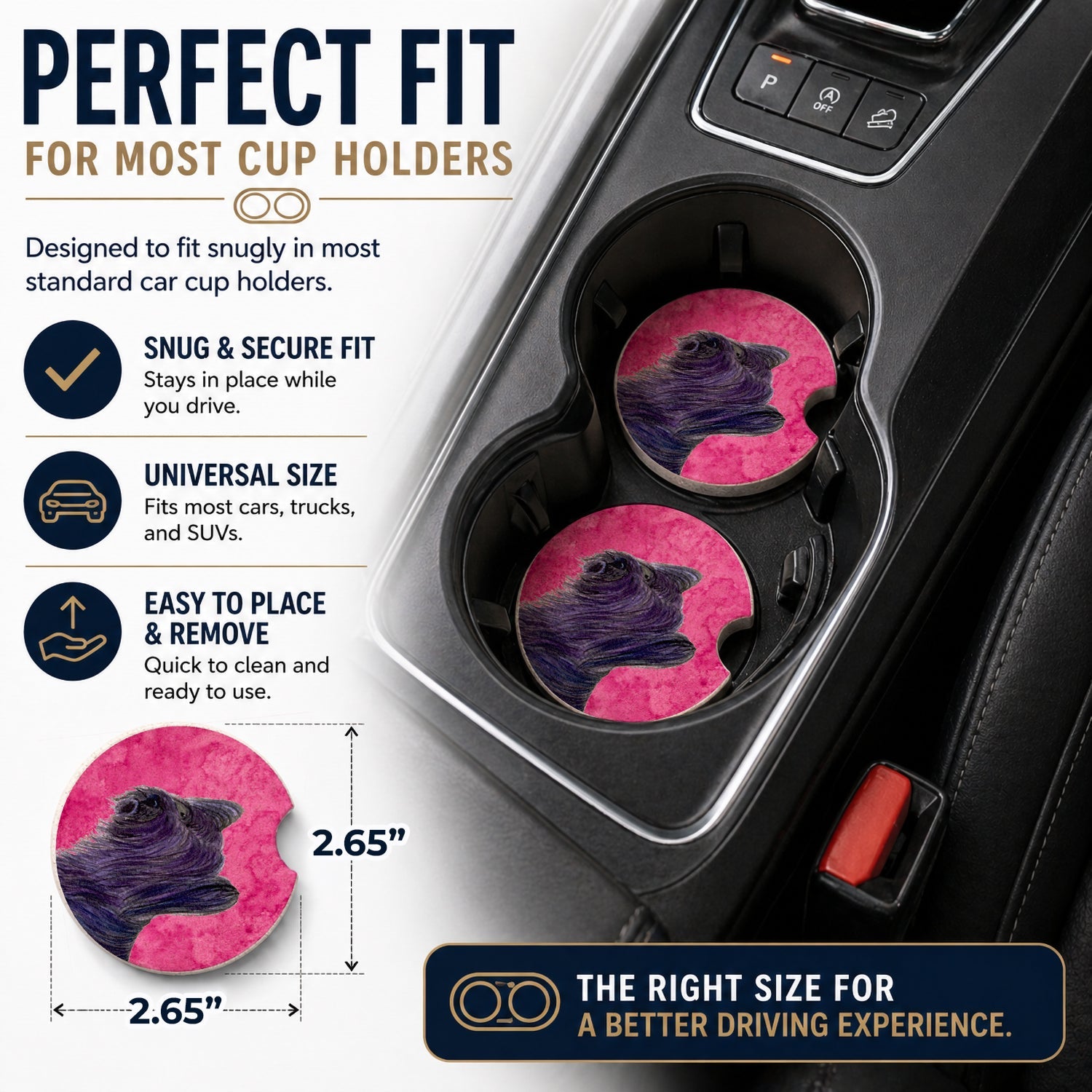 Pink Skye Terrier Set of 2 Cup Holder Car Coasters Absorbent Round Sandstone Coasters Gifts for Men or Women, 2.5, Multicolor