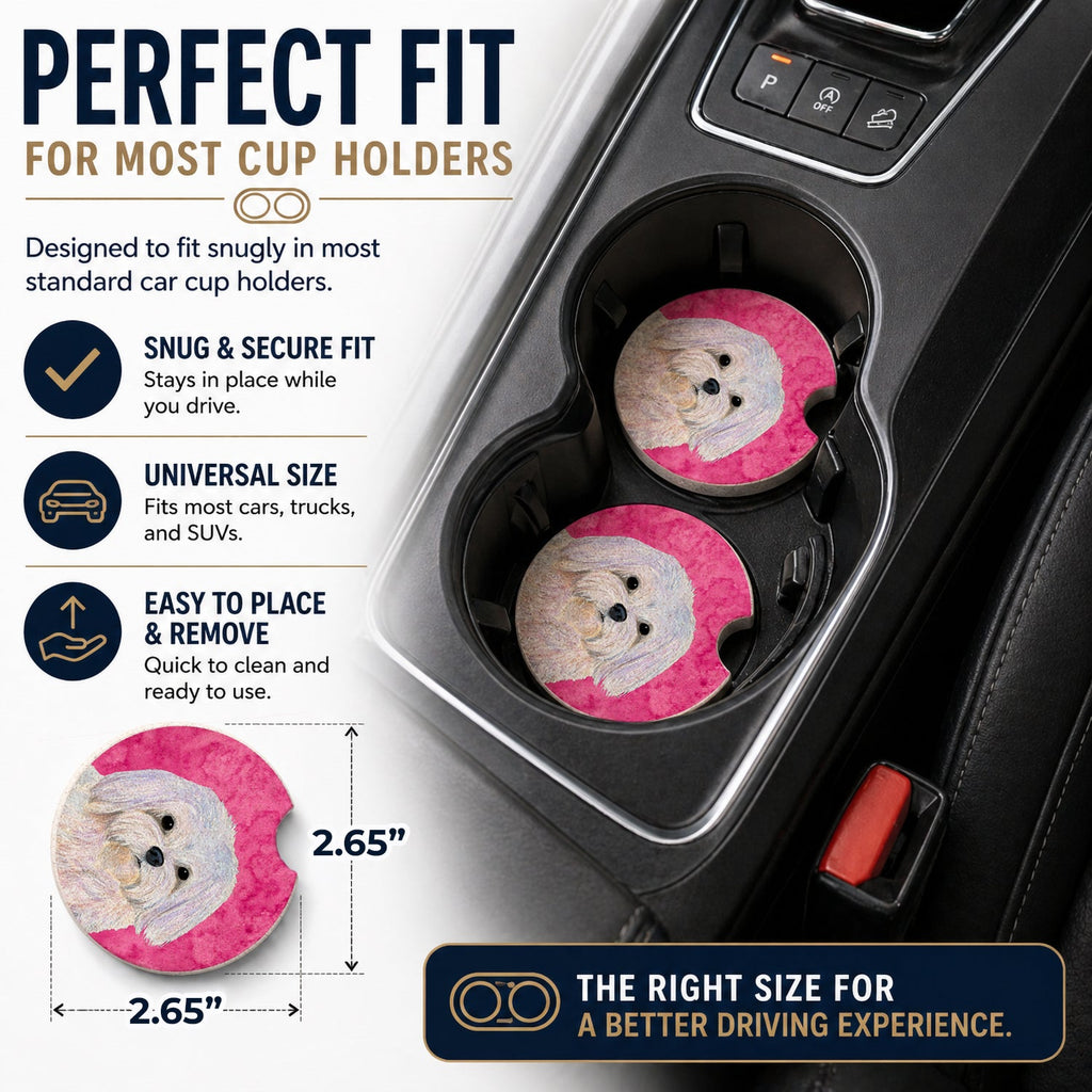 Pink Maltese Set of 2 Cup Holder Car Coasters Absorbent Round Sandstone Coasters Gifts for Men or Women, 2.5, Multicolor