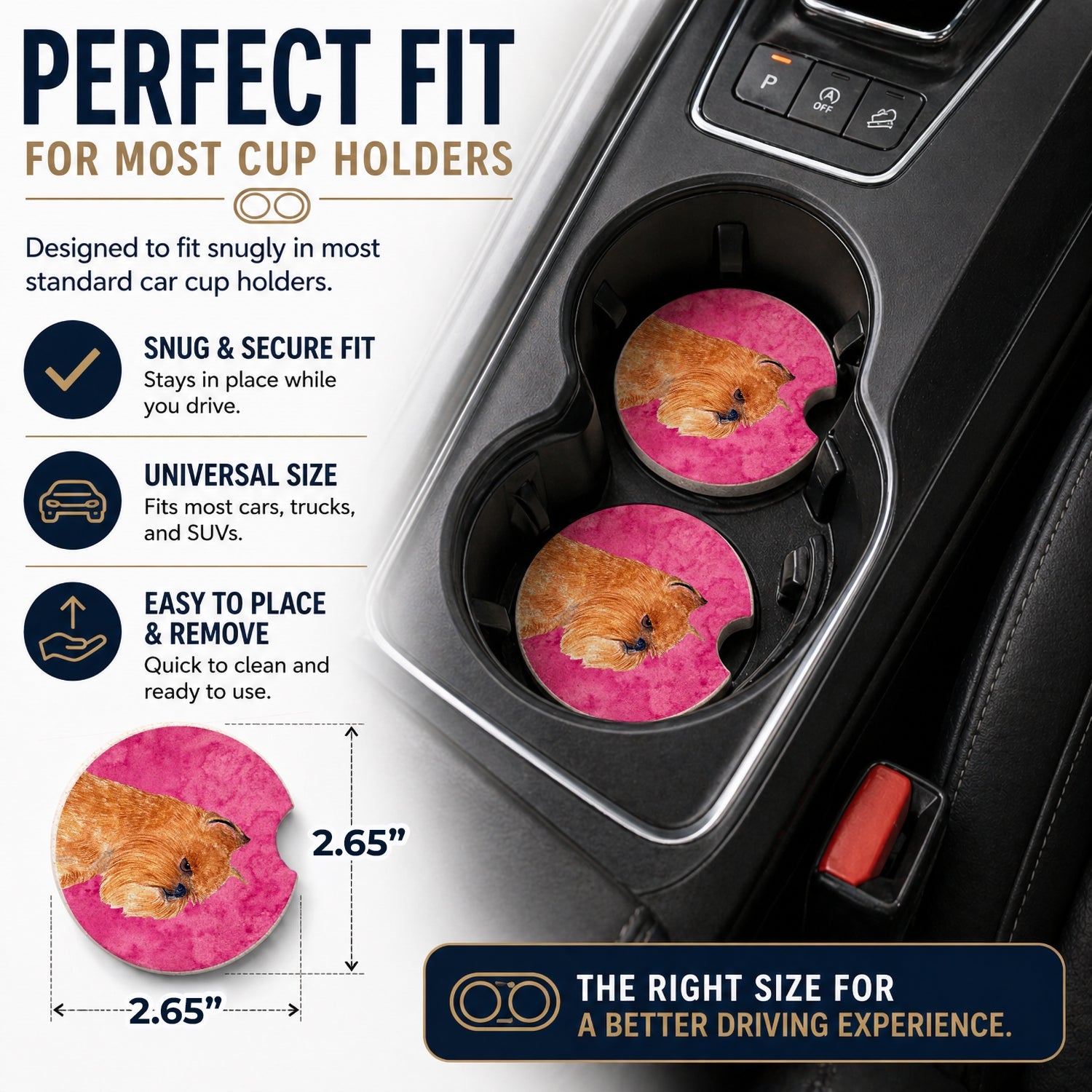 Pink Brussels Griffon Set of 2 Cup Holder Car Coasters Absorbent Round Sandstone Coasters Gifts for Men or Women, 2.5, Multicolor