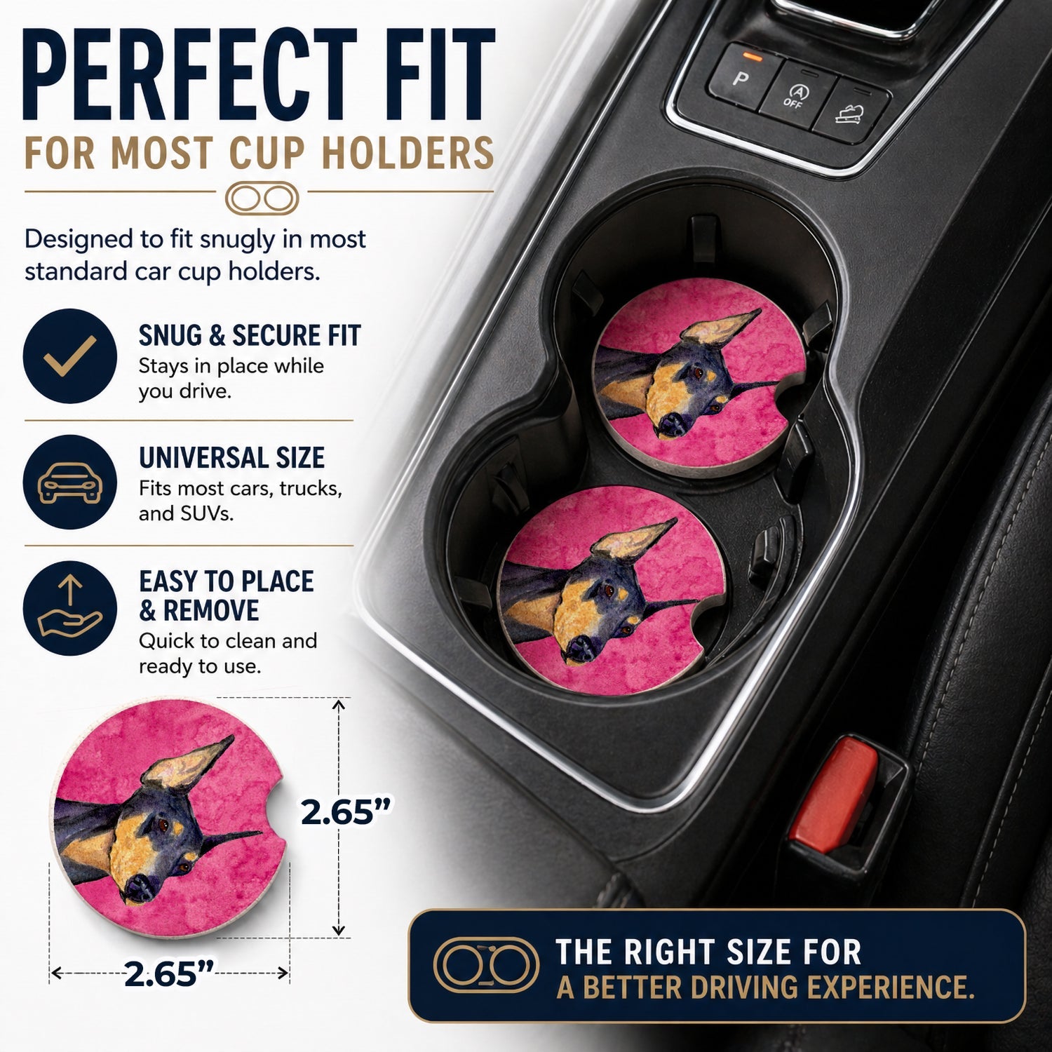 Pink Doberman Set of 2 Cup Holder Car Coasters Absorbent Round Sandstone Coasters Gifts for Men or Women, 2.5, Multicolor