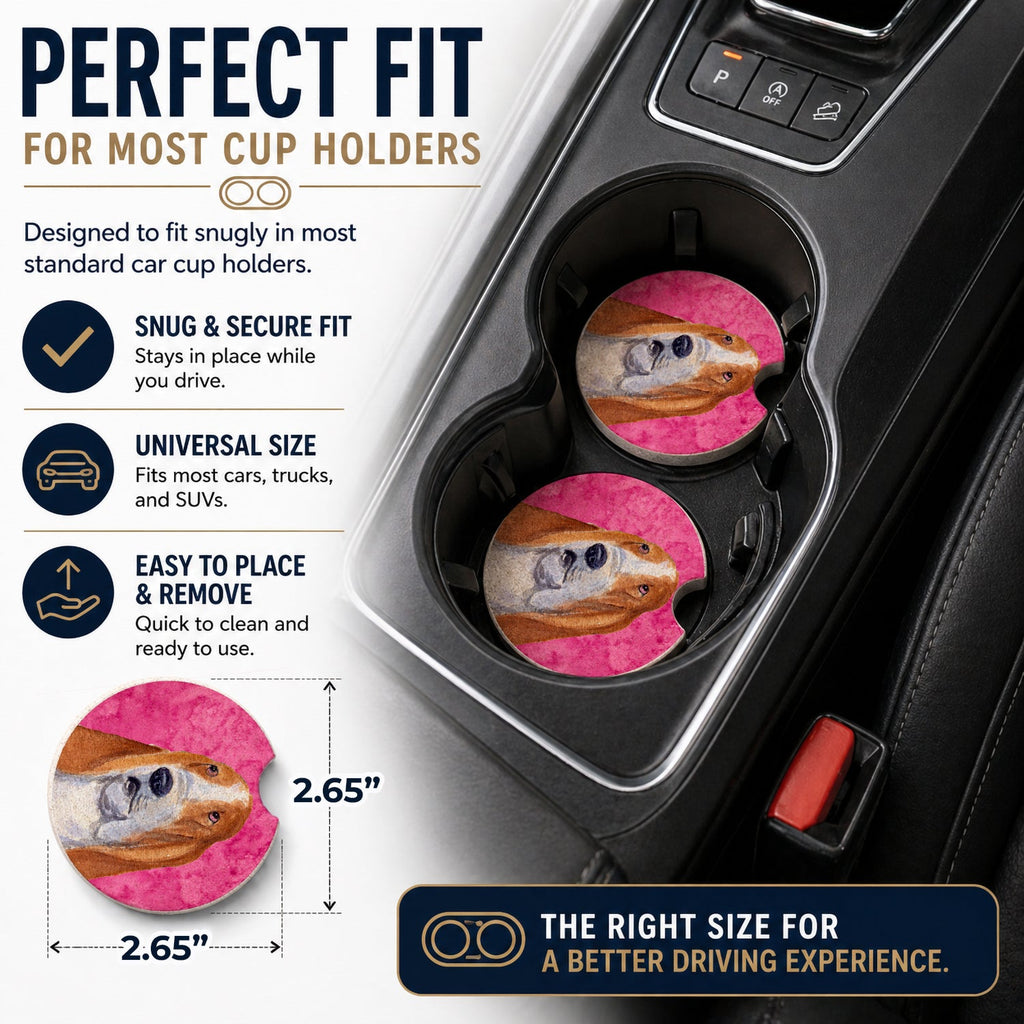 Pink Basset Hound Set of 2 Cup Holder Car Coasters Absorbent Round Sandstone Coasters Gifts for Men or Women, 2.5, Multicolor