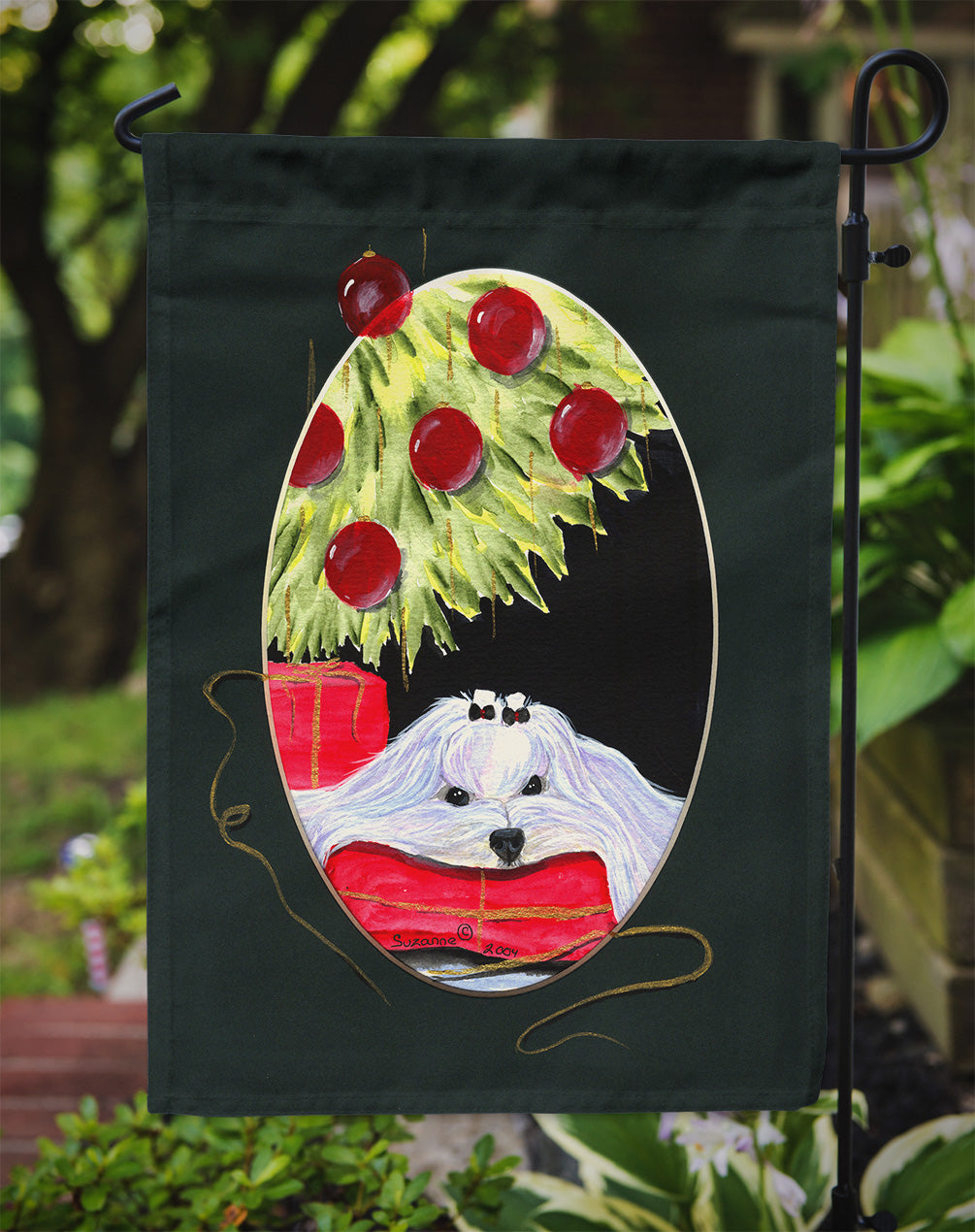Christmas Tree with Maltese Garden Flag Mailbox Decorative Yard Banner Outside Patio Artwork for Flower Beds, Garden Size, Multicolor