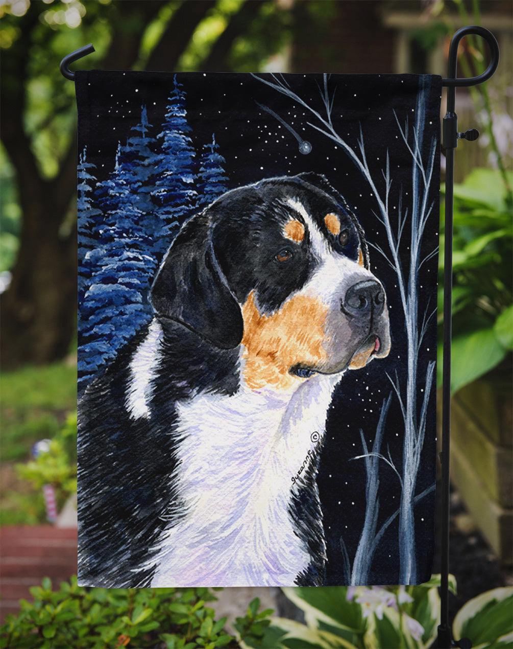 Starry Night Bernese Mountain Dog Garden Flag Mailbox Decorative Yard Banner Outside Patio Artwork for Flower Beds, Garden Size, Multicolor