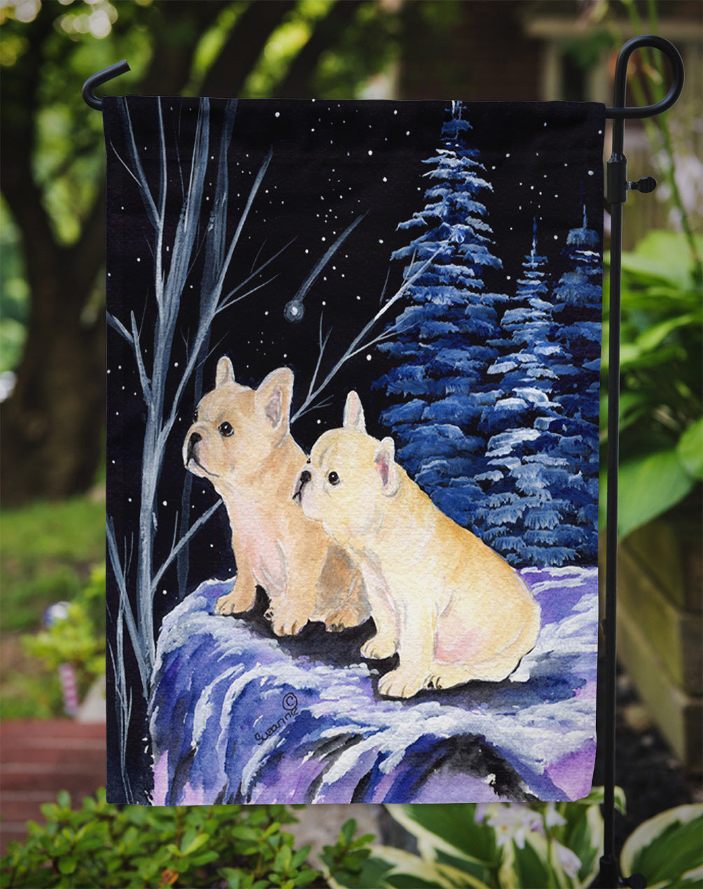 Starry Night French Bulldog Garden Flag Mailbox Decorative Yard Banner Outside Patio Artwork for Flower Beds, Garden Size, Multicolor