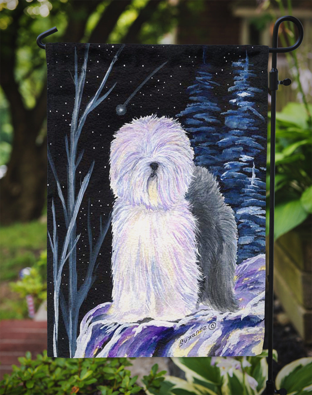 Starry Night Old English Sheepdog Garden Flag Mailbox Decorative Yard Banner Outside Patio Artwork for Flower Beds, Garden Size, Multicolor