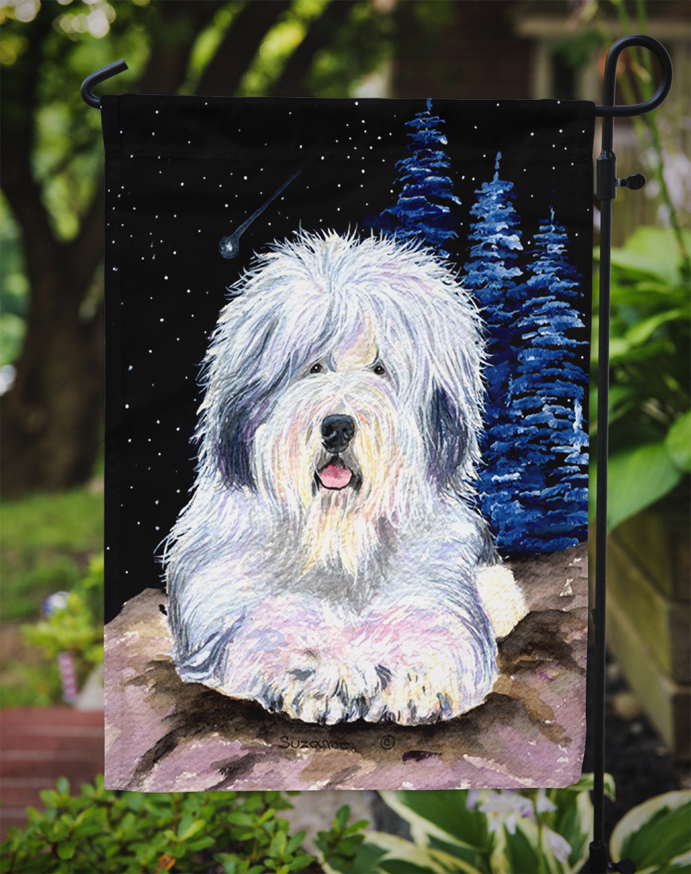Starry Night Old English Sheepdog Garden Flag Mailbox Decorative Yard Banner Outside Patio Artwork for Flower Beds, Garden Size, Multicolor