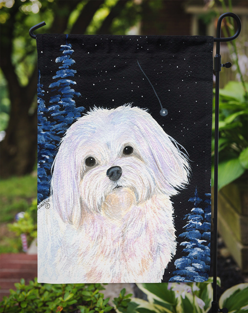 Starry Night Maltese Garden Flag Mailbox Decorative Yard Banner Outside Patio Artwork for Flower Beds, Garden Size, Multicolor
