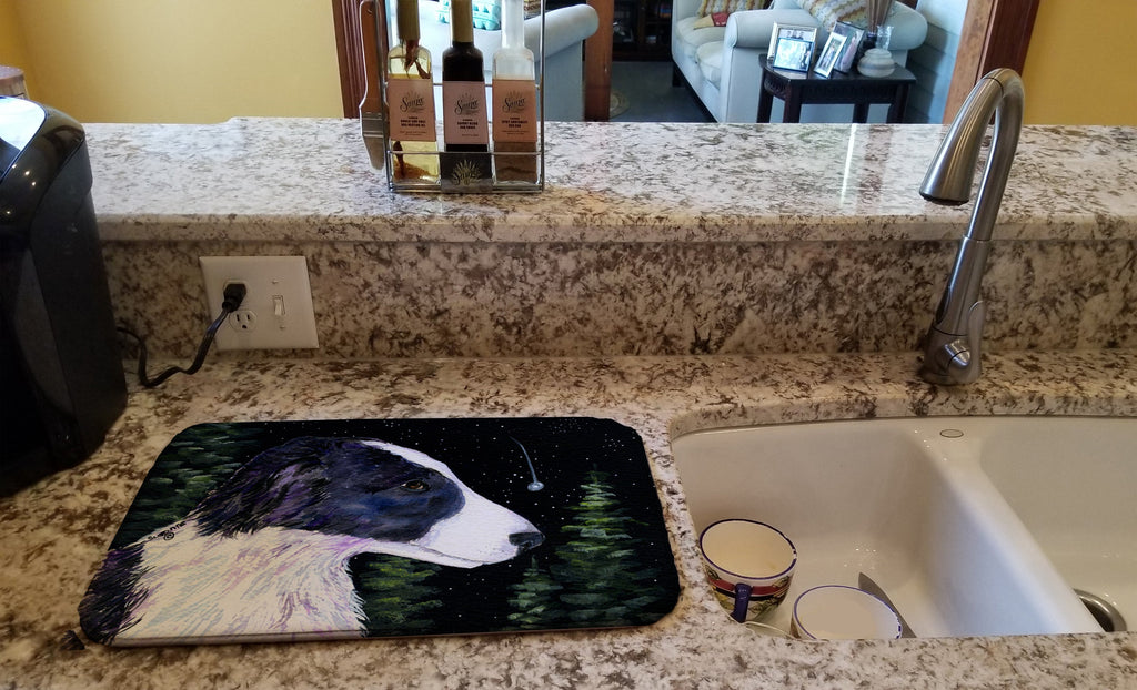 Starry Night Border Collie Dish Drying Mat Absorbent Dish Drying Mat Pad for Kitchen Counter Dish Drainer Mat for Countertop, 14 x 21", Multicolor
