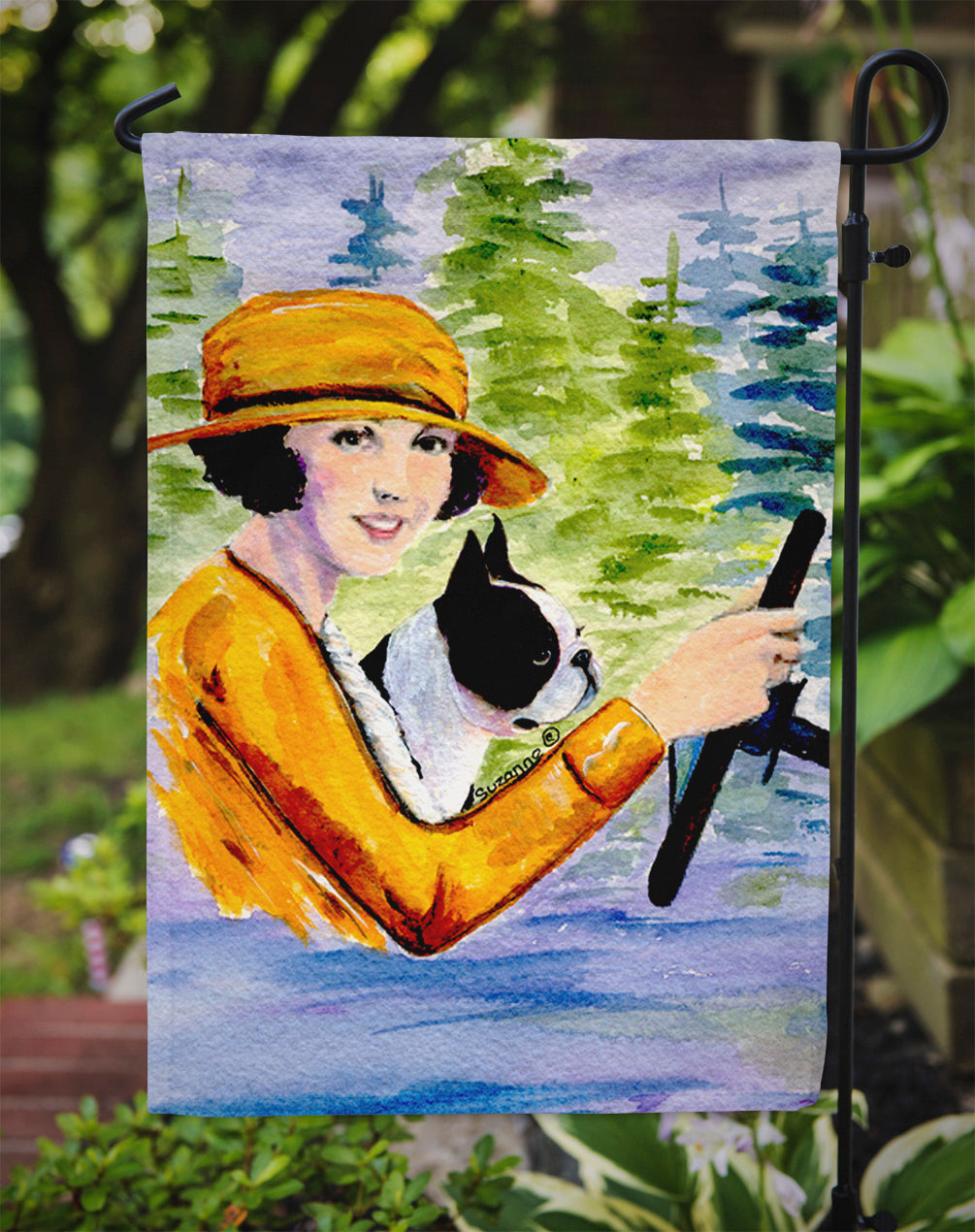 Woman driving with her Boston Terrier Garden Flag Mailbox Decorative Yard Banner Outside Patio Artwork for Flower Beds, Garden Size, Multicolor