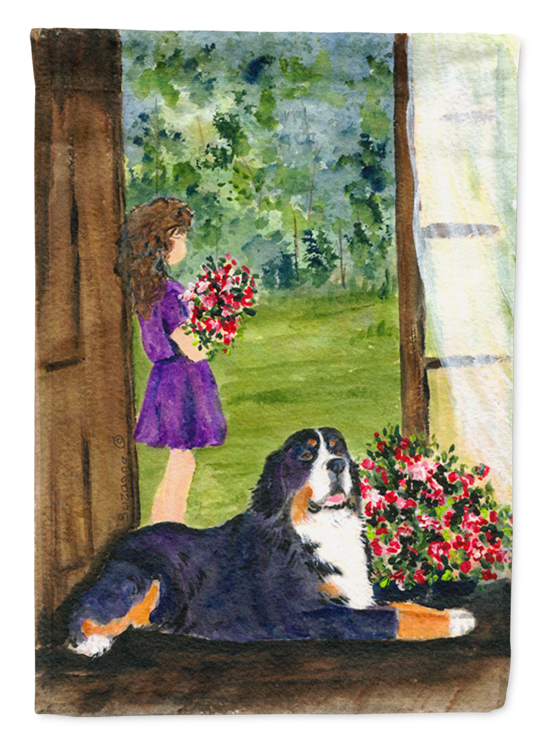 Little Girl with her Bernese Mountain Dog Garden Flag Mailbox Decorative Yard Banner Outside Patio Artwork for Flower Beds, Garden Size, Multicolor