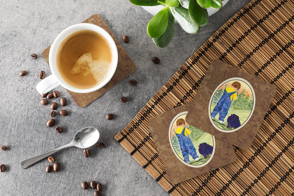 Little Boy with his  Pomeranian Foam Coasters Set of 4 Cup Coasters for Indoor Outdoor, Tabletop Protection, Anti Slip, Mouse pad Material