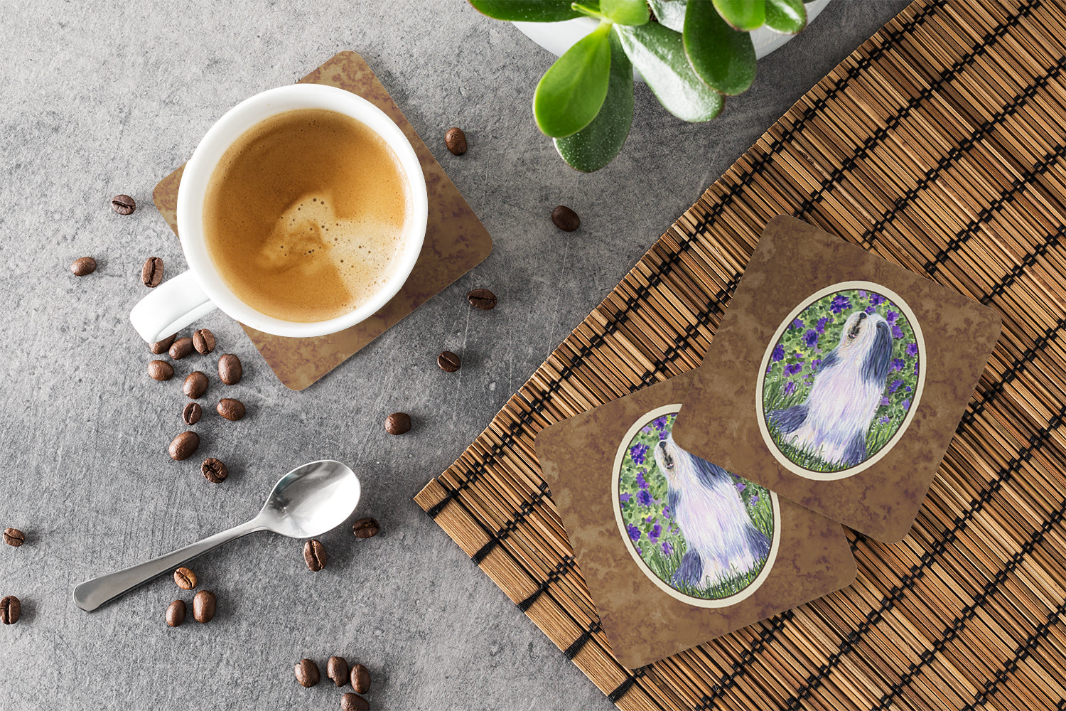Bearded Collie Foam Coasters Set of 4 Cup Coasters for Indoor Outdoor, Tabletop Protection, Anti Slip, Mouse pad Material