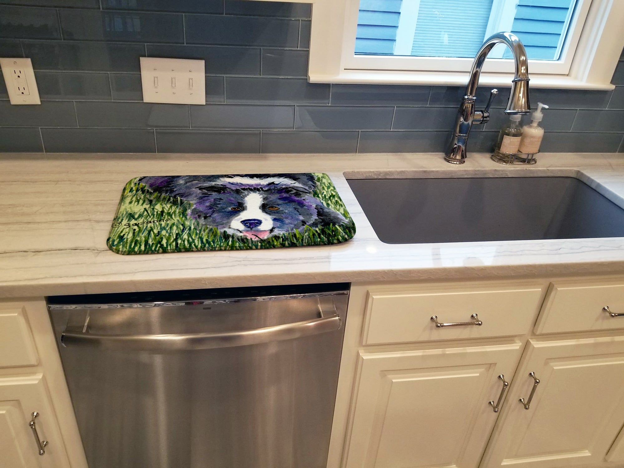 Border Collie Dish Drying Mat Absorbent Dish Drying Mat Pad for Kitchen Counter Dish Drainer Mat for Countertop, 14 x 21", Multicolor