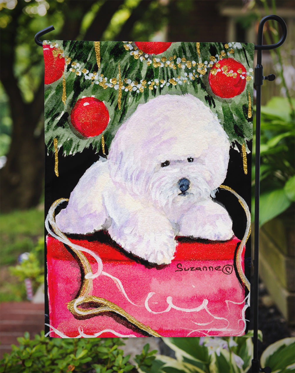 Christmas Tree with Bichon Frise Garden Flag Mailbox Decorative Yard Banner Outside Patio Artwork for Flower Beds, Garden Size, Multicolor