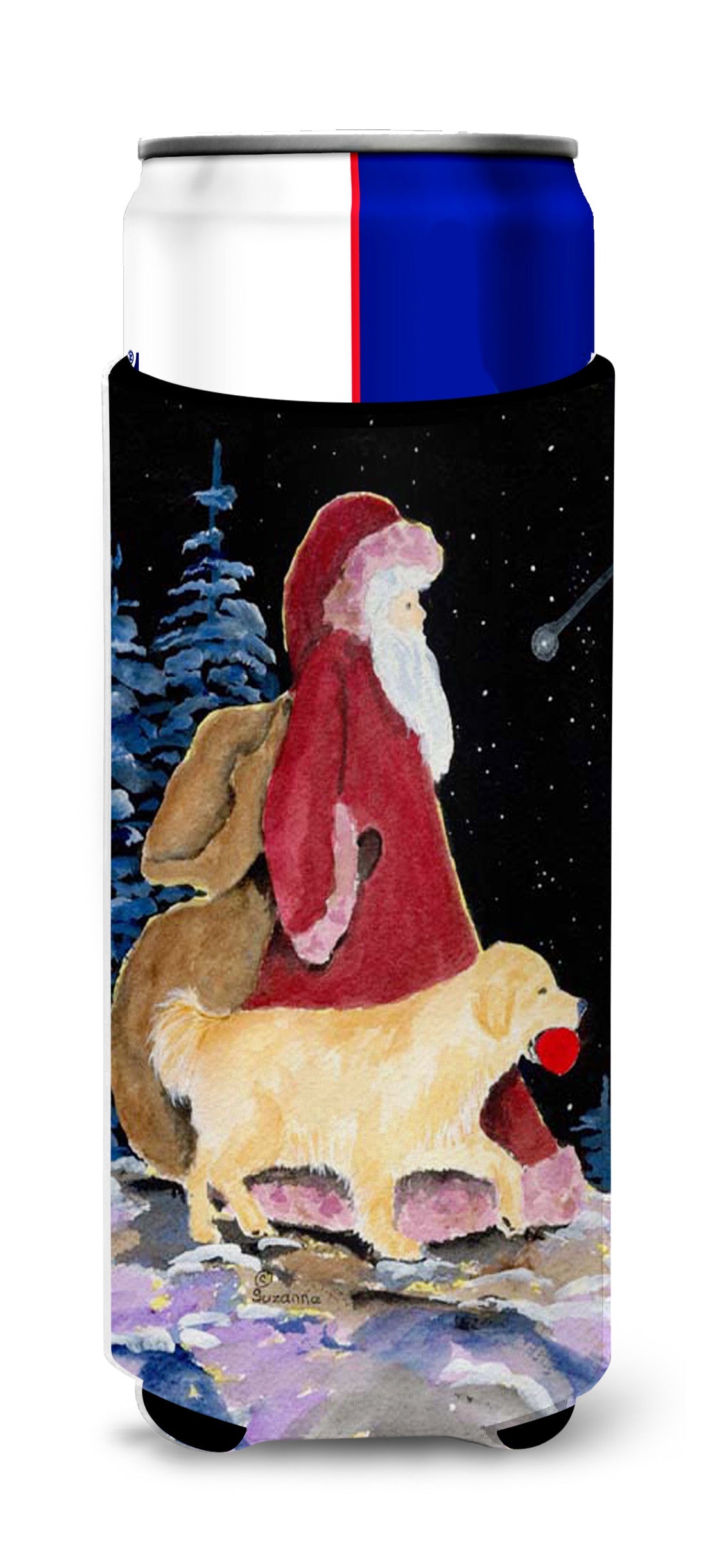 Santa Claus with Golden Retriever Slim Can Hugger , Insulated Foam Hugger for 12 oz Slim Cans, Beer Bottles & Water Bottles, Printed in USA