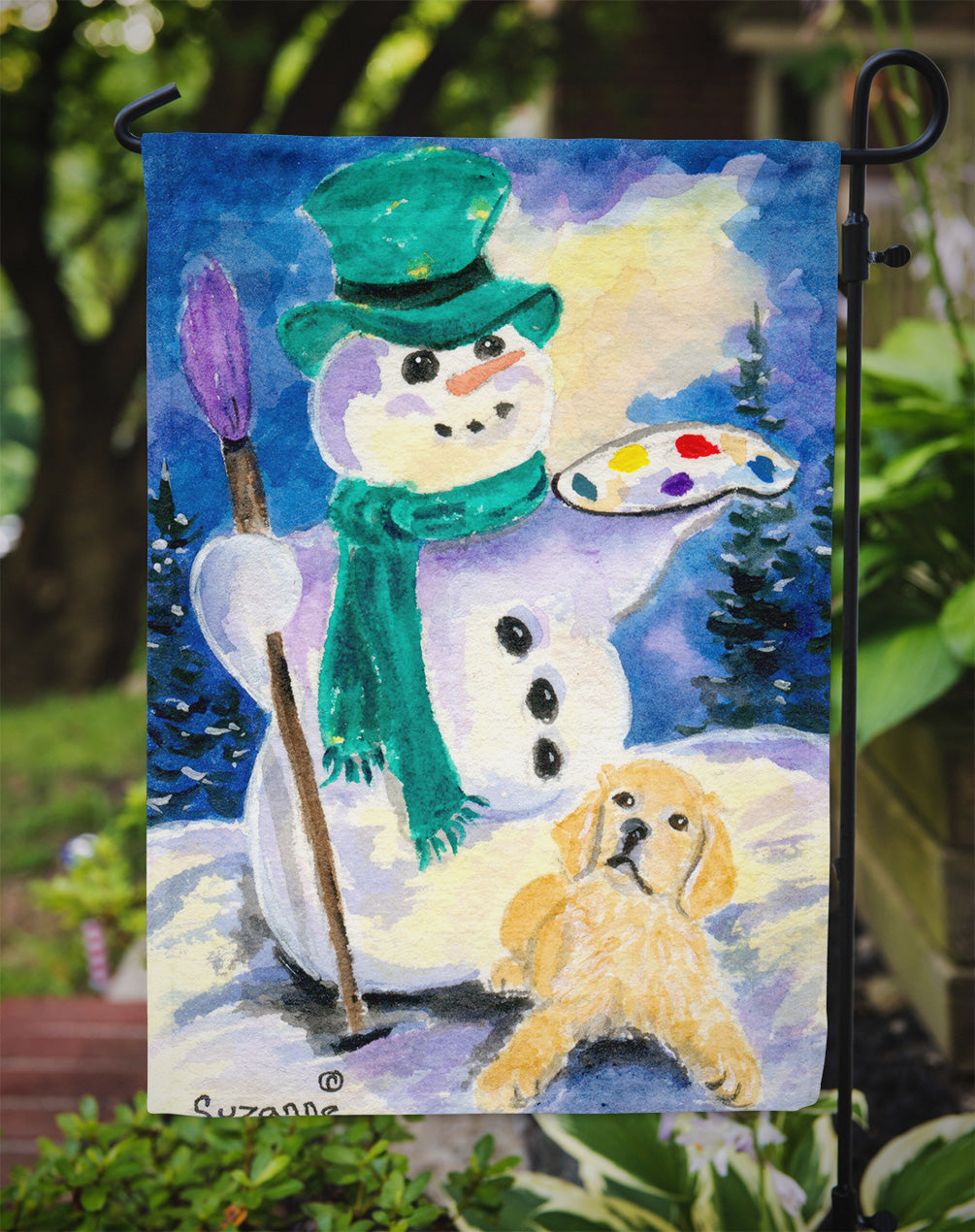 Snowman with Golden Retriever Garden Flag Mailbox Decorative Yard Banner Outside Patio Artwork for Flower Beds, Garden Size, Multicolor