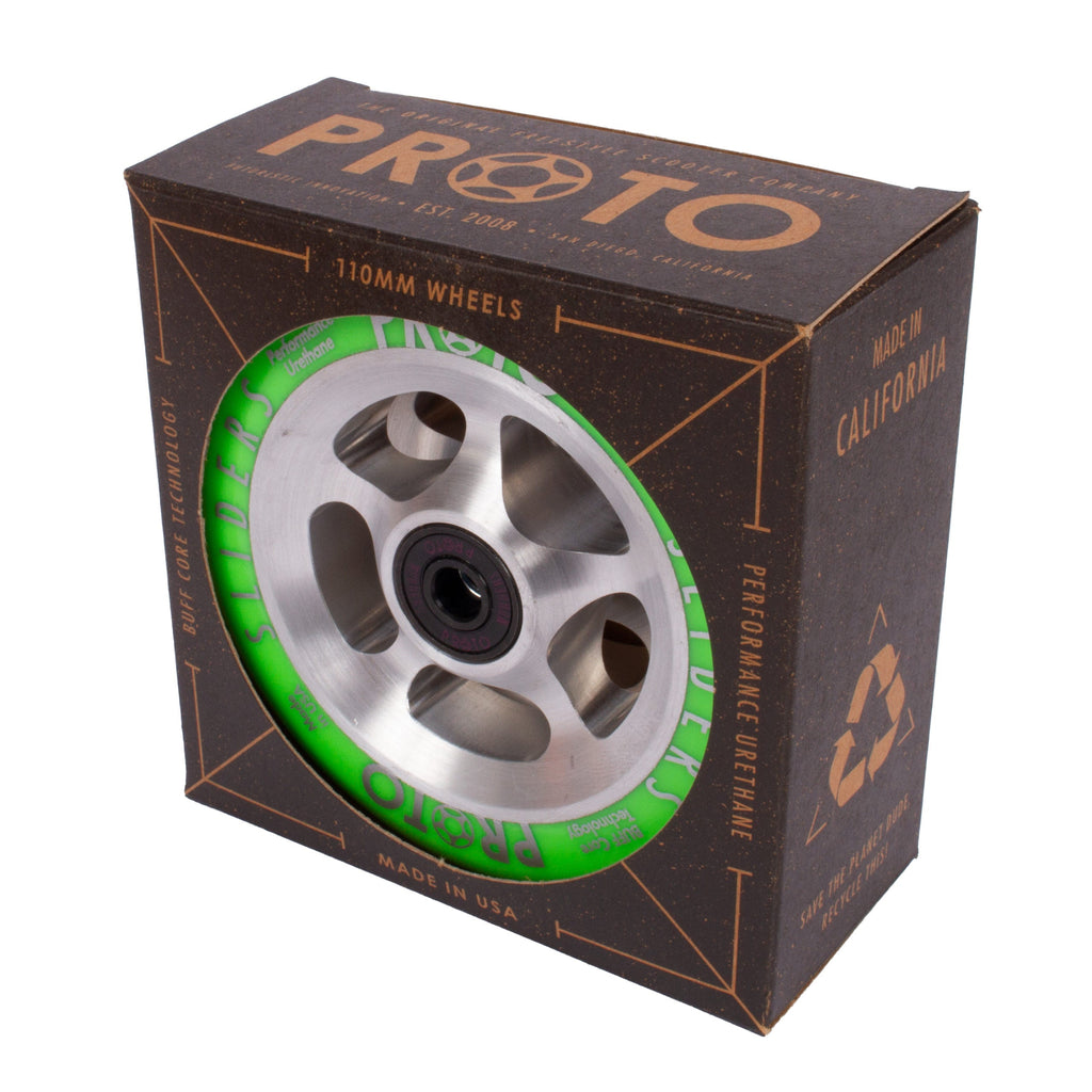 Proto StarBright Sliders Wheels 110mm - Neon Green on Raw (Pair)