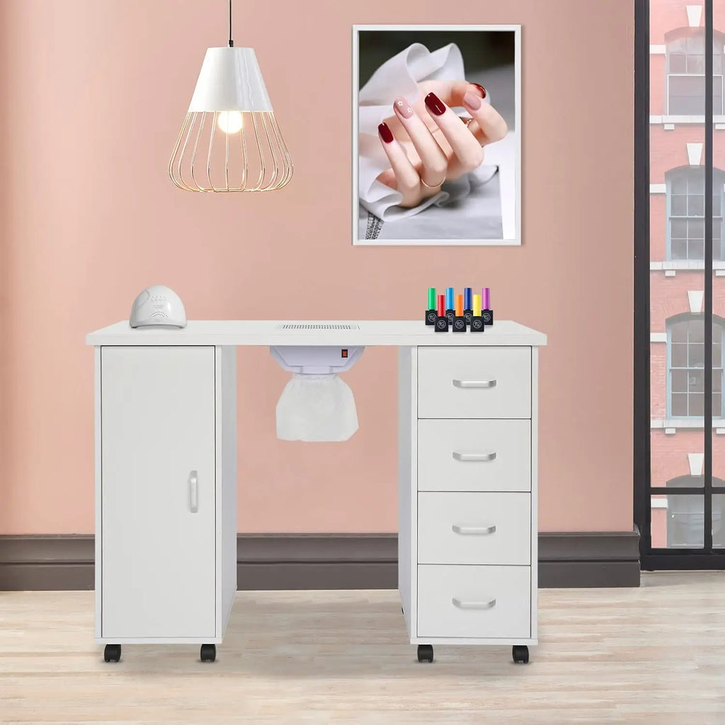 Manicure Nail Table, White Salon Desk with Dust Collector, 4 Drawers | Side Cabinet, Removable Drawers, Rolling, Customized