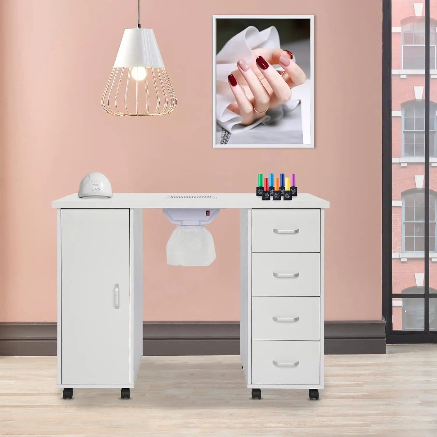 Manicure Nail Table, White Salon Desk with Dust Collector, 4 Drawers | Side Cabinet, Removable Drawers, Rolling, Customized