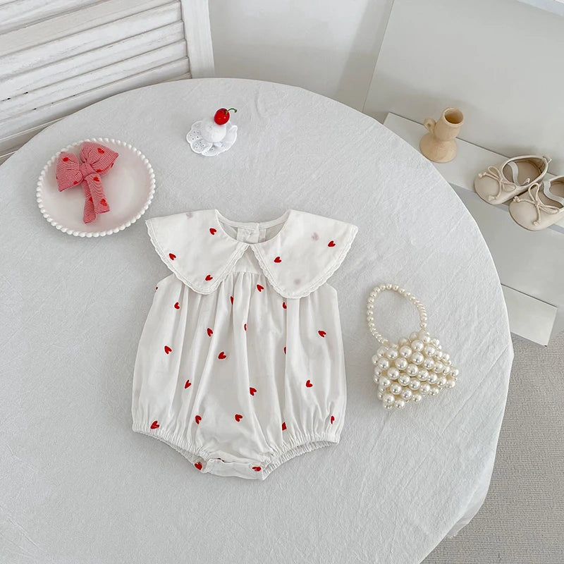 2026 New Summer Newborn Baby Girl Jumpsuit 0-24M Baby Girl Clothing Sleeveless Cotton Heart Print Princess White Rompers