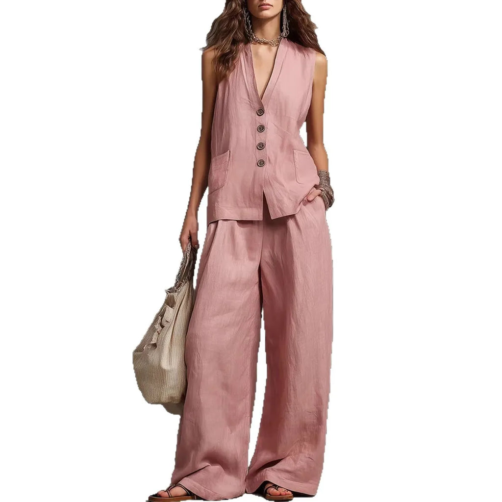 Outfits For Women 2 Piece Set Single-breasted Vest Pocket Solid Color Top Women Pocket Wide-leg Trousers Women's New Summer Suit