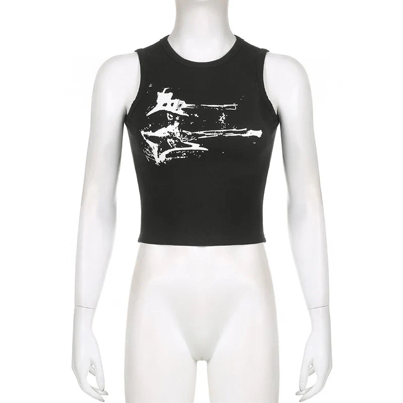 Guitar Print Sleeveless Tank Top Y2K Casual Ribbed Women Grunge Crop Top Harajuku Fashion Vest Tee 90s Street Outfits
