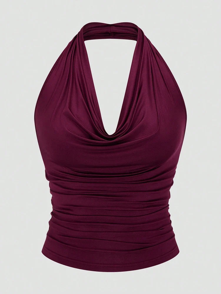 Plus Size Ms. Burgundy Sexy Romantic Urban Woman Sleeveless Neck Swing Neck Top + Split Half Skirt Long Skirt Two Piece Set