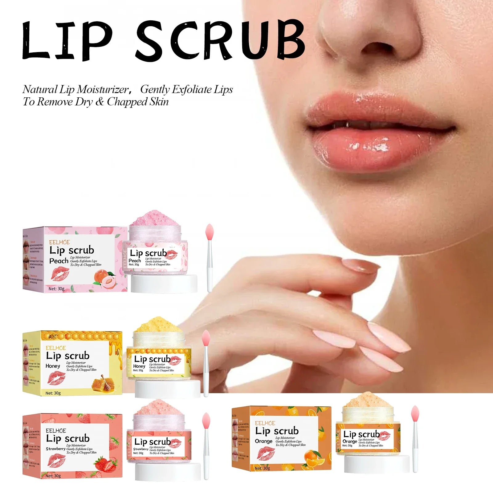 Watermelon Peach Lip Scrub: Moisturizes lips, replenishes moisture, reduces and improves dark circles around the mouth.