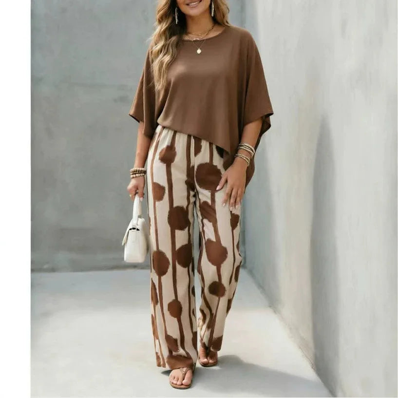 2026 Spring Summer New Comfort Crew Neck Short Sleeve Striped Print Wide Leg Pants 2-Piece Outfit Set