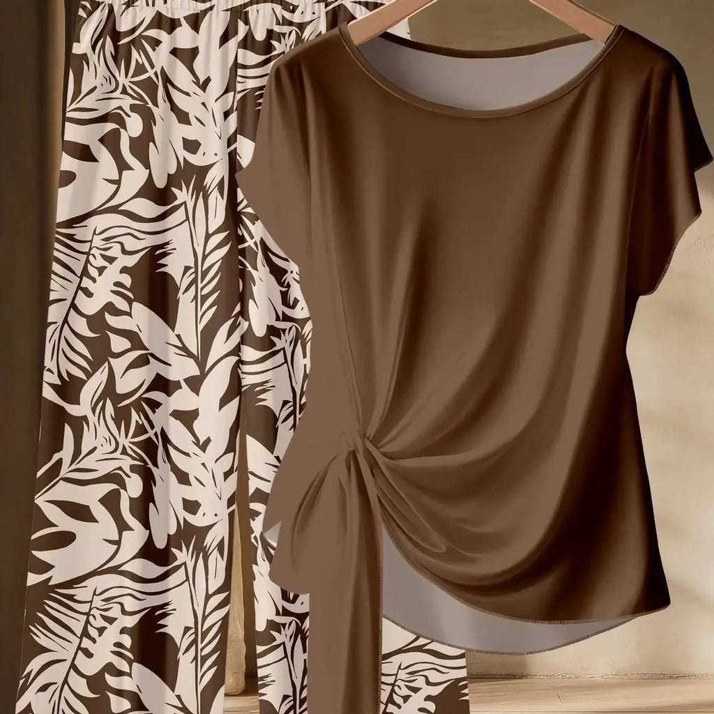 Summer Plus Size Women's New Coffee Color Short-Sleeved Top + Tropical Plant Print Wide Leg Pants Long Pants Two-Piece Set