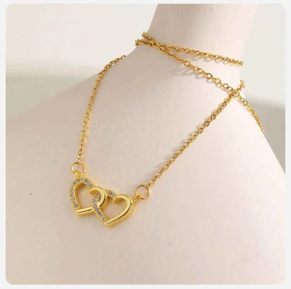 Vnox Double Zircon Heart Necklace For Women,Stainless Steel Cute Simple  Necklace For Mother And Daughter,Trendy Jewelry Gifts