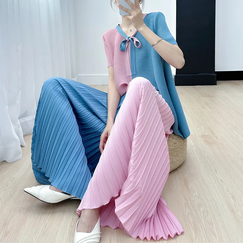 Blouse Pants Suit Women Summer Youthful Pleated Tie-front Delicate Short-sleeved T-shirt Wide-leg Pants New Comfortable Casual